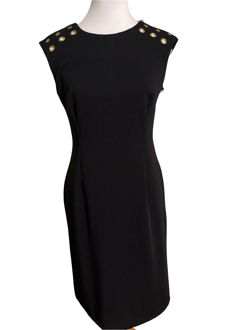 Karin Stevens Black Midi Sheath Dress Gold Button Accents